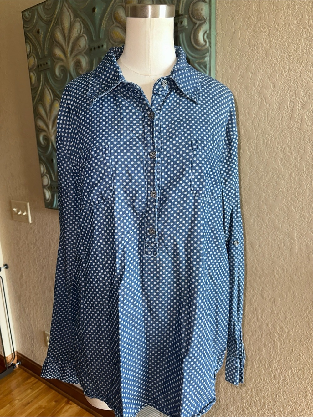 Westbound 100% Cotton Polka Dot Popover Tunic Shirt Blue White Women’s XL